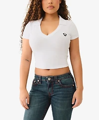 True Religion Women's Ss Deep V-Neck Rib Polo Top