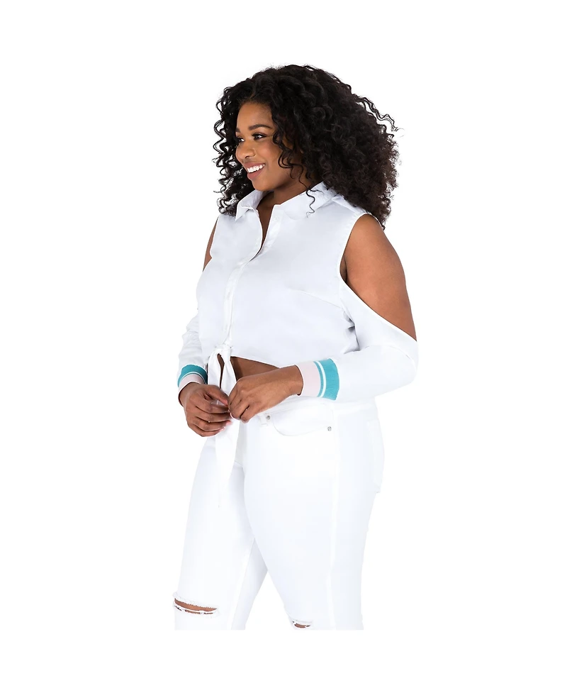 Poetic Justice Plus Tie-Front Cold Shoulder Poplin Blouse