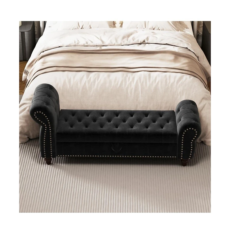 64.5 Inch Velvet Upholstered Storage Bench, Tufted Bed Bench with Nailhead Trim for Bedroom-The Pop Home