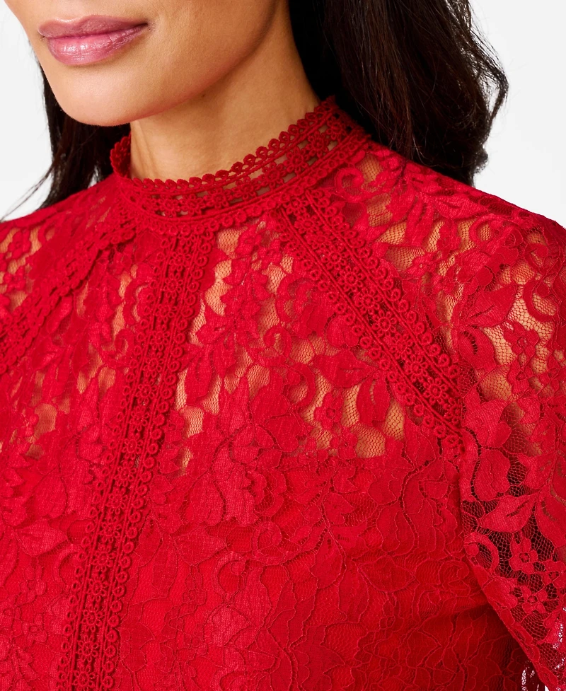 Cable & Gauge Women's Lace Trim Mock Neck Top