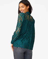Cable & Gauge Women's Smocked Mock Neck Lace Top