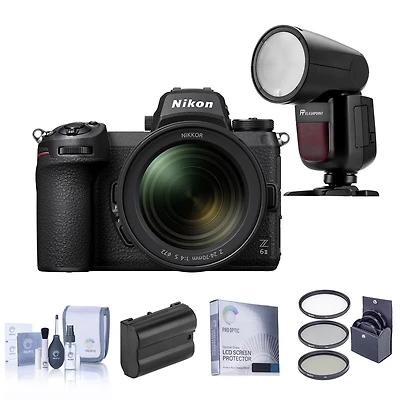 Nikon Z 6II Mirrorless Camera with Nikkor Z 24-70mm f/4 S Lens Bundle with Flashpoint Zoom Li-on X R2 Ttl On-Camera Round Flash, Extra Battery, Filter