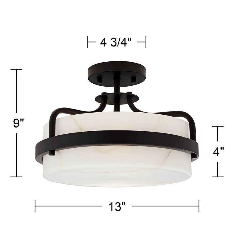 Bregman 13" Modern Semi Flush-Mount Ceiling Light Fixture Kitchen Foyer Hallway Drum Round Black Finish White Stone Glass Metal Bedroom Bathroom