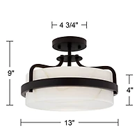 Bregman 13" Modern Semi Flush-Mount Ceiling Light Fixture Kitchen Foyer Hallway Drum Round Black Finish White Stone Glass Metal Bedroom Bathroom