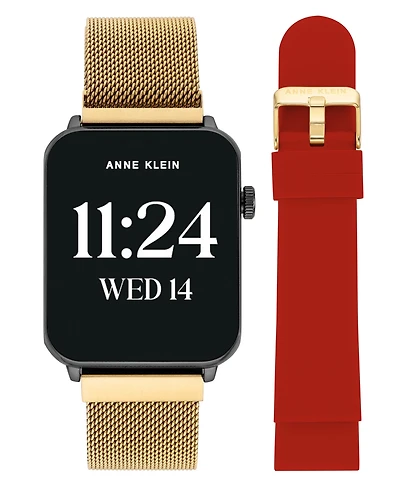 Anne Klein Women's Connect It Stellar Smartwatch with Gold-Tone Stainless Steel Mesh and Red Silicone Band, 45mm