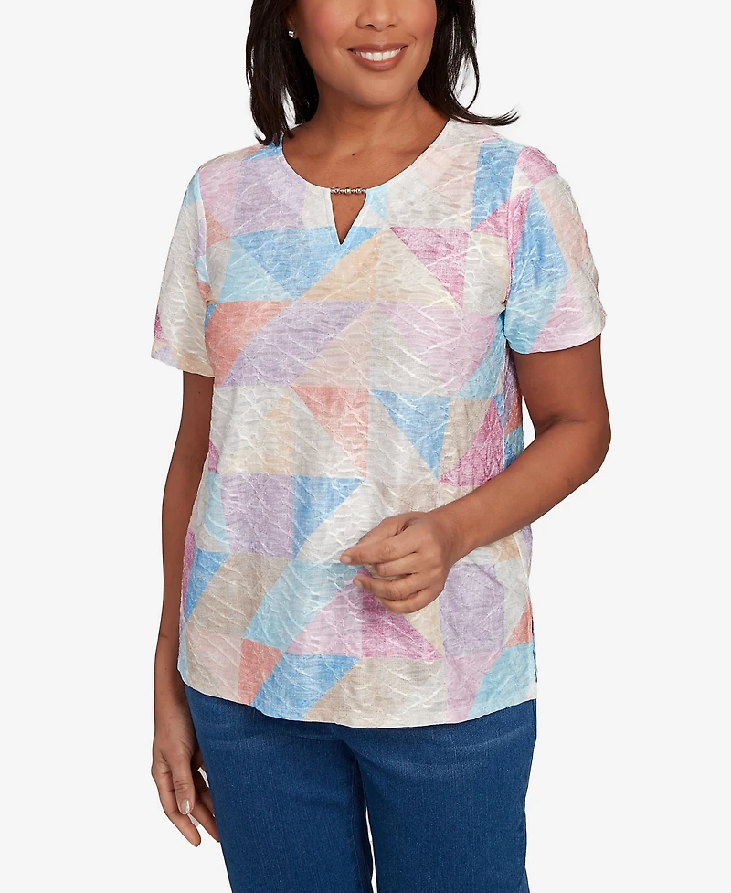 Alfred Dunner Women's Keyhole Geometric Patchwork Top