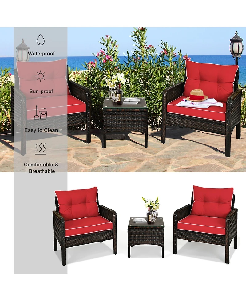 Gymax 3PCS Outdoor Patio Rattan Furniture Set w/ Coffee Table Cushion