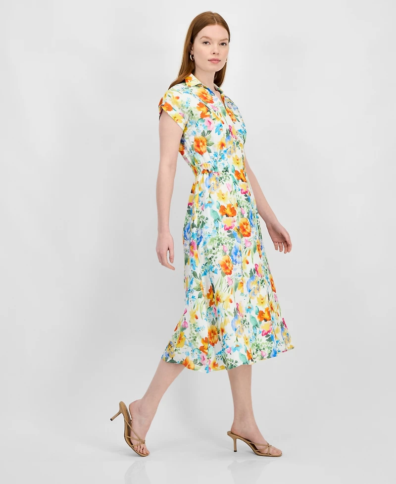 T Tahari Women's Collared V-Neck Cap-Sleeve Midi Dress