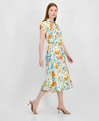 T Tahari Women's Collared V-Neck Cap-Sleeve Midi Dress