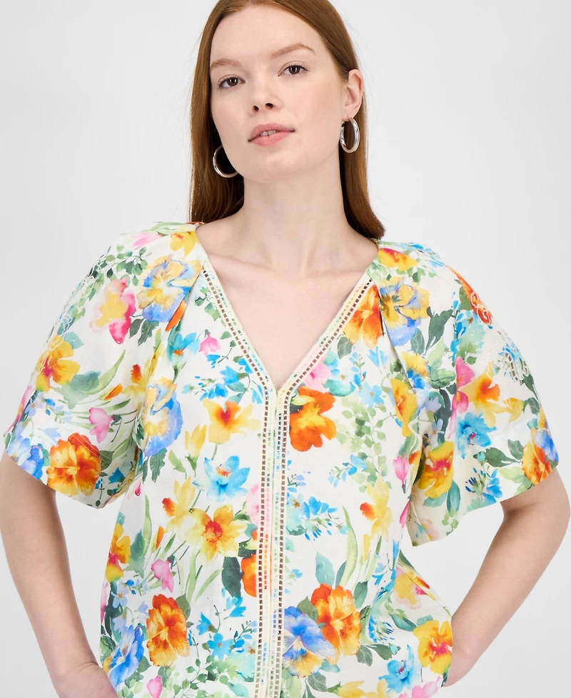 T Tahari Women's Floral-Print Embroidered V-Neck Blouse