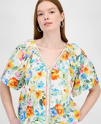 T Tahari Women's Floral-Print Embroidered V-Neck Blouse