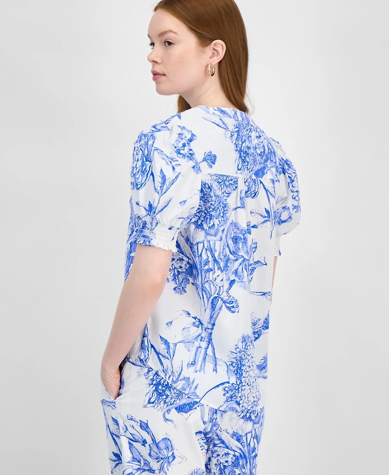T Tahari Women's Printed Split-Neck Puff-Sleeve Top