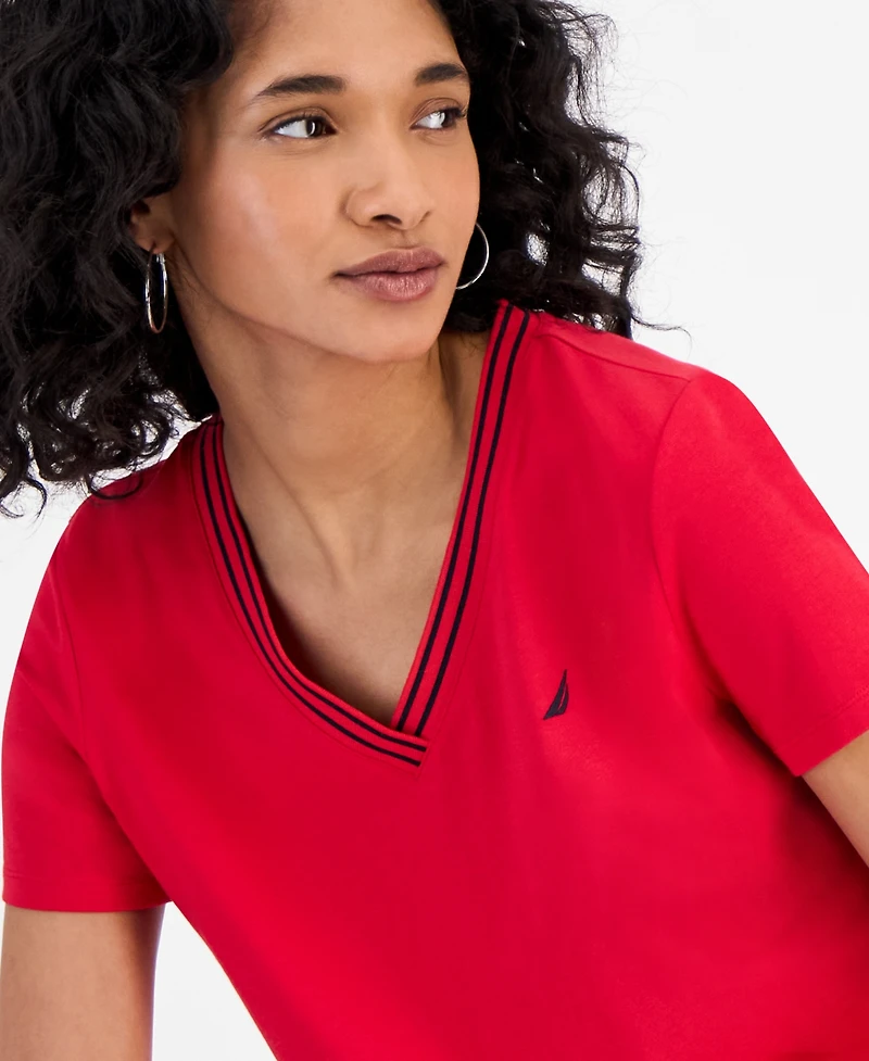 Nautica Jeans Women's Solid Stripe-Trim V-Neck