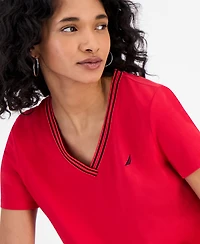 Nautica Jeans Women's Solid Stripe-Trim V-Neck