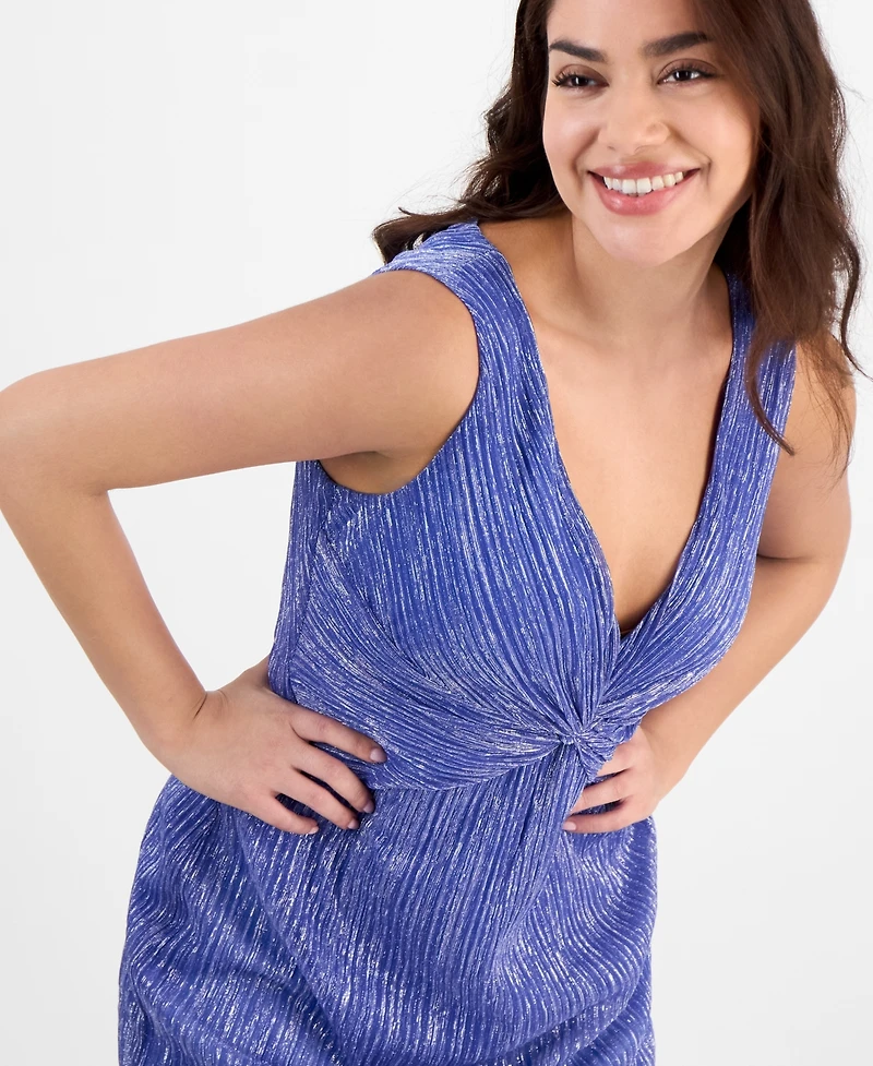 Connected Petite Metallic V-Neck Twist-Front Dress