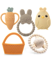 Sperric Toddler Easter Teether Set, Bunny, Carrot, Chicken, Rattle Egg & Basket Teething Toys Cute Teethers Gift Set