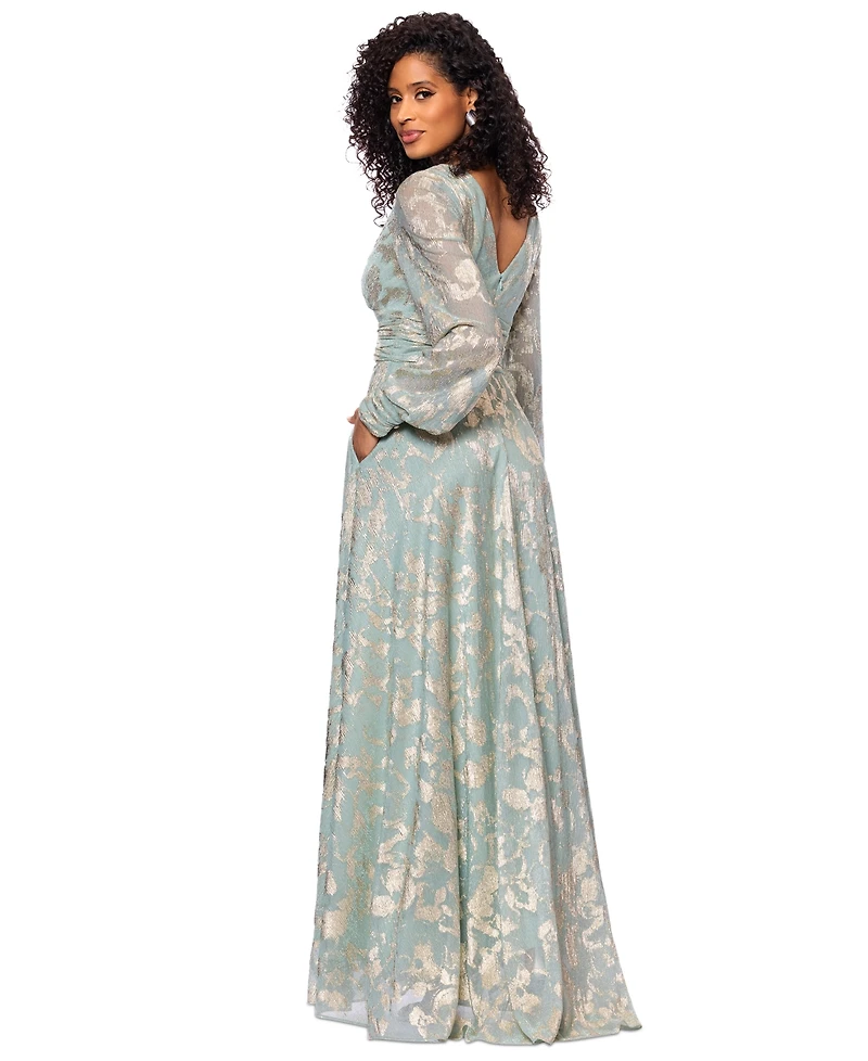 Betsy & Adam Women's Metallic V-Neck Ruched-Waist Gown