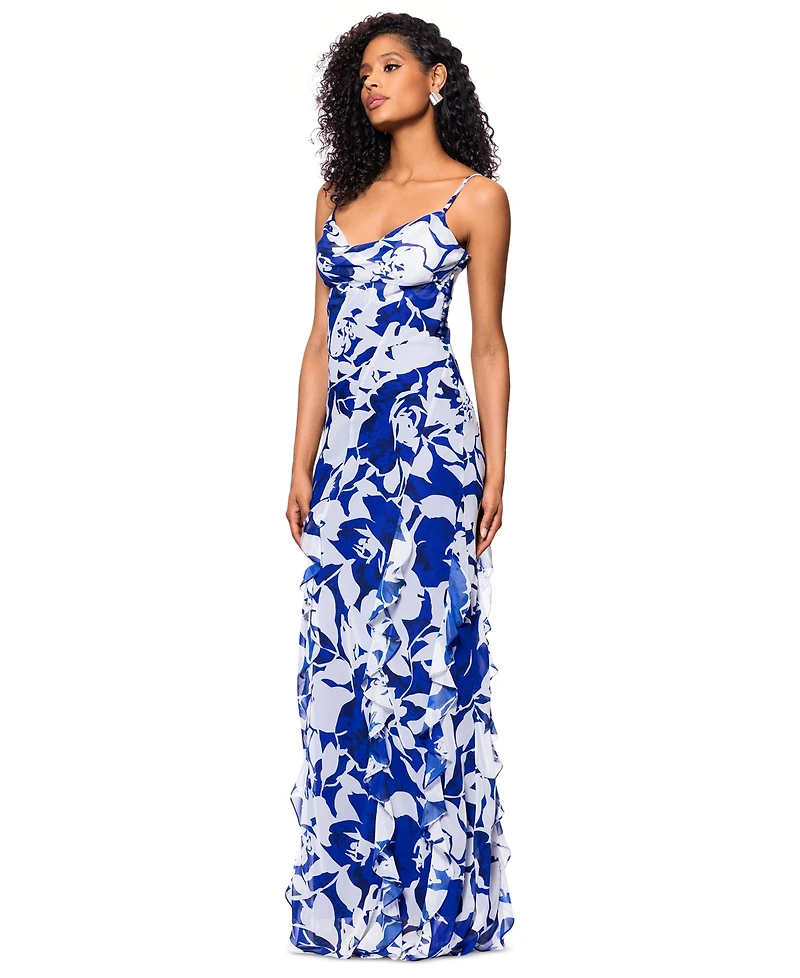Betsy & Adam Women's Cowlneck Button-Trim Ruffled Gown