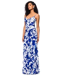 Betsy & Adam Women's Cowlneck Button-Trim Ruffled Gown