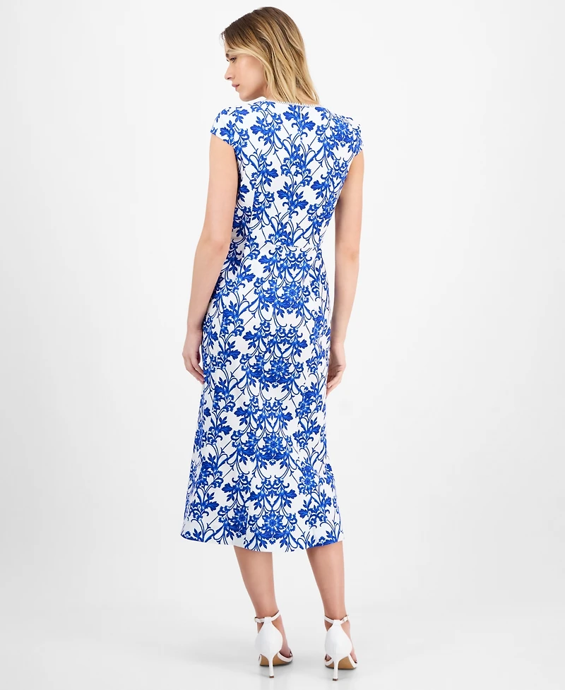 Anne Klein Printed Sweetheart-Neck Short-Sleeve Midi Dress