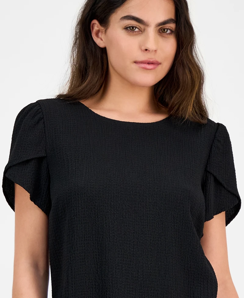 Ak Anne Klein Petite Textured Tulip-Sleeve Jewel-Neck Top
