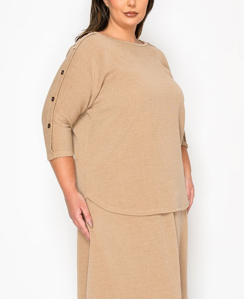 Coin 1804 Plus Size Textured Rib Button Shoulder 3/4 Sleeve Top
