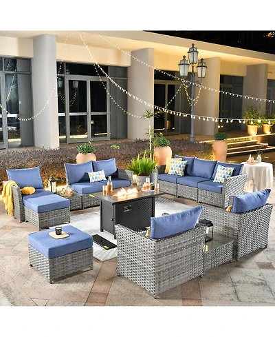 Xizzi 13 Pieces Outdoor Furniture Patio Sectional Sofa,No Assembly Required Pe Wicker Conversation Sets with 42" Fire Pit,Armchairs,Ottomans and Coffe