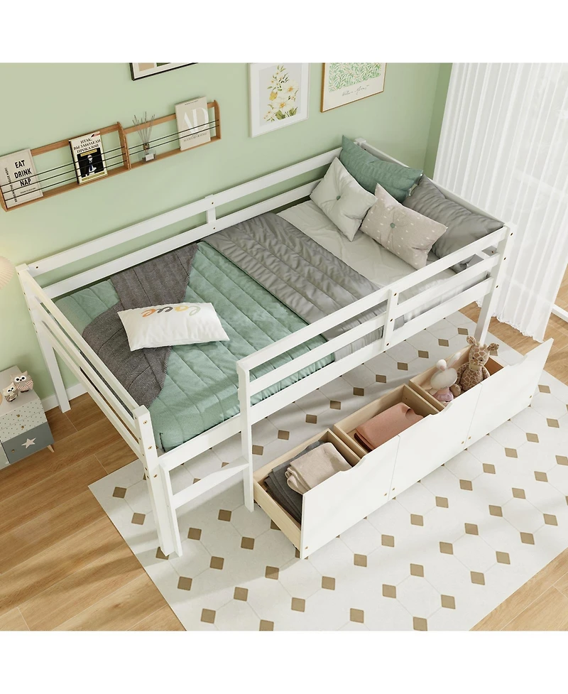 Twin Size Low Loft Bed with 3 Drawers with Ladder and Full-length Guardrails