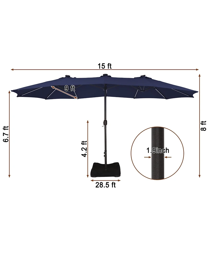 Mondawe 15 ft Solar Led Double Sided Twin Outdoor Patio Market Umbrella with Base Weight Included