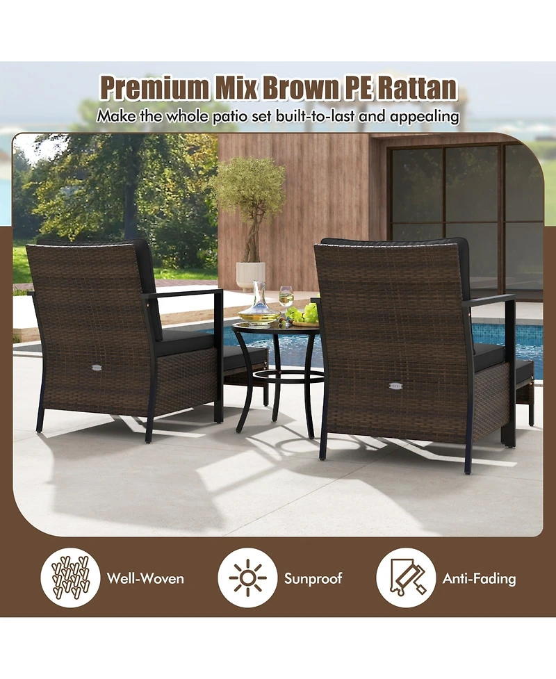 Gymax Set of 5 Furniture Rattan Chairs & Ottomans w/ Glass Topped Coffee Table Patio