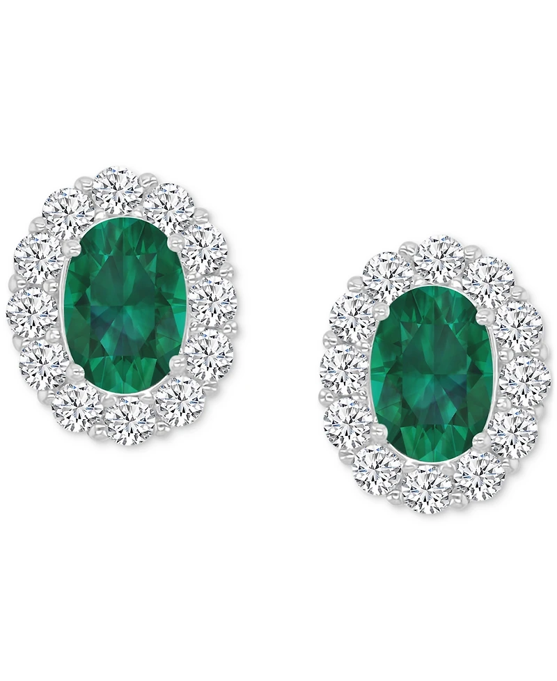 Cubic Zirconia Green Stone Oval Halo Stud Earrings Sterling Silver