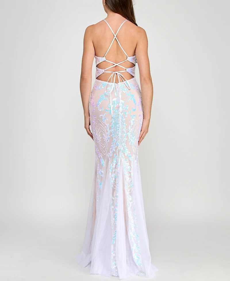 Crystal Doll Juniors' Lace-Up-Back Sequin Mesh Gown