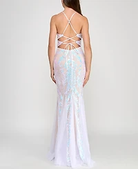 Crystal Doll Juniors' Lace-Up-Back Sequin Mesh Gown