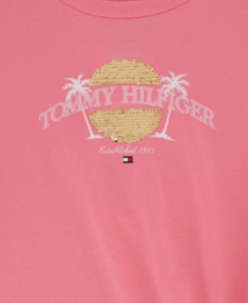 Tommy Hilfiger Big Girls Palm Sequin Side Tie Short Sleeve T-Shirt