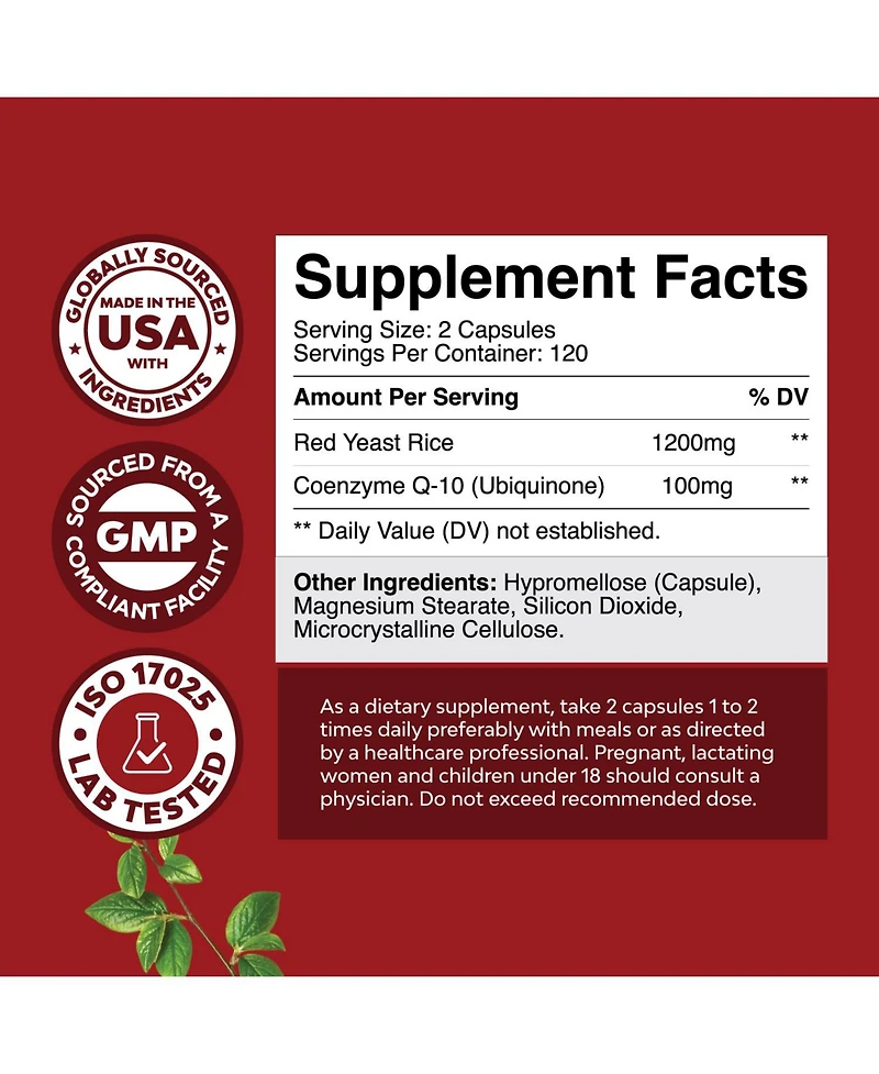 Red Yeast Rice + CoQ10 Advanced Complex Capsule, Support Skin, Heart, Lung & Brain Health, Nature's Craft, 240ct