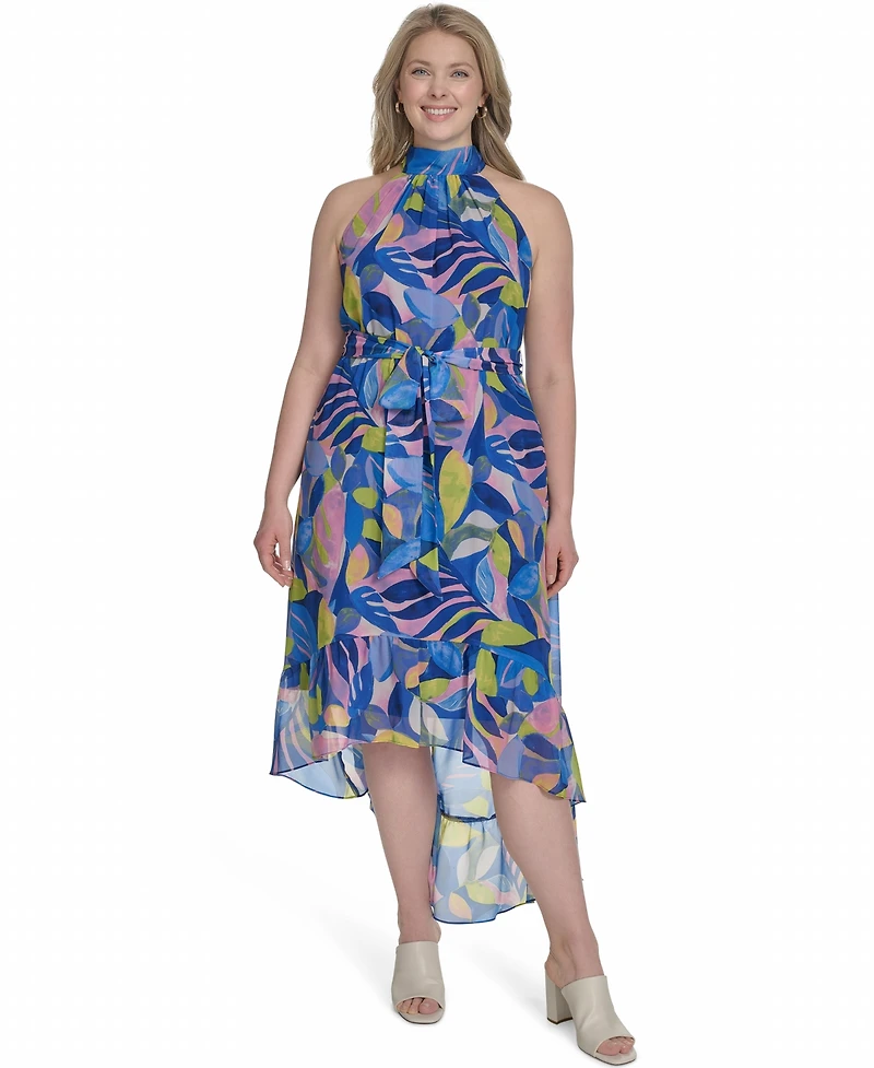 Eliza J Plus Printed Chiffon High-Low Halter Dress