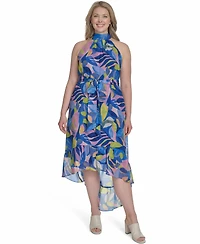Eliza J Plus Printed Chiffon High-Low Halter Dress