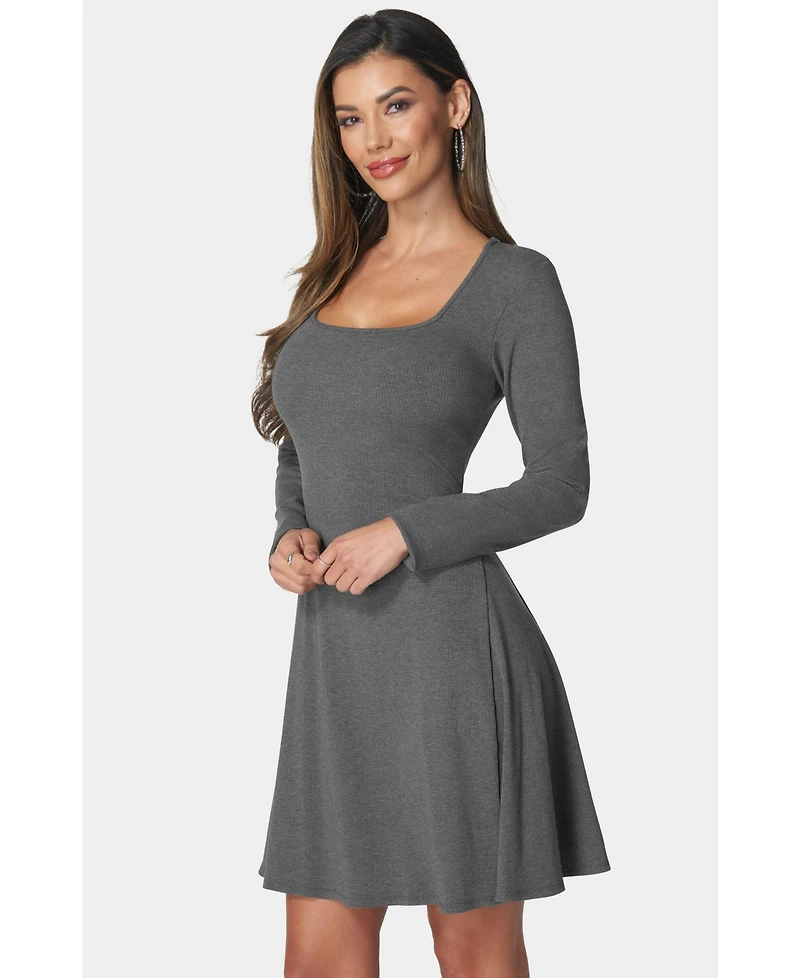 Bebe Women's Rib Long Sleeve Godet Dress