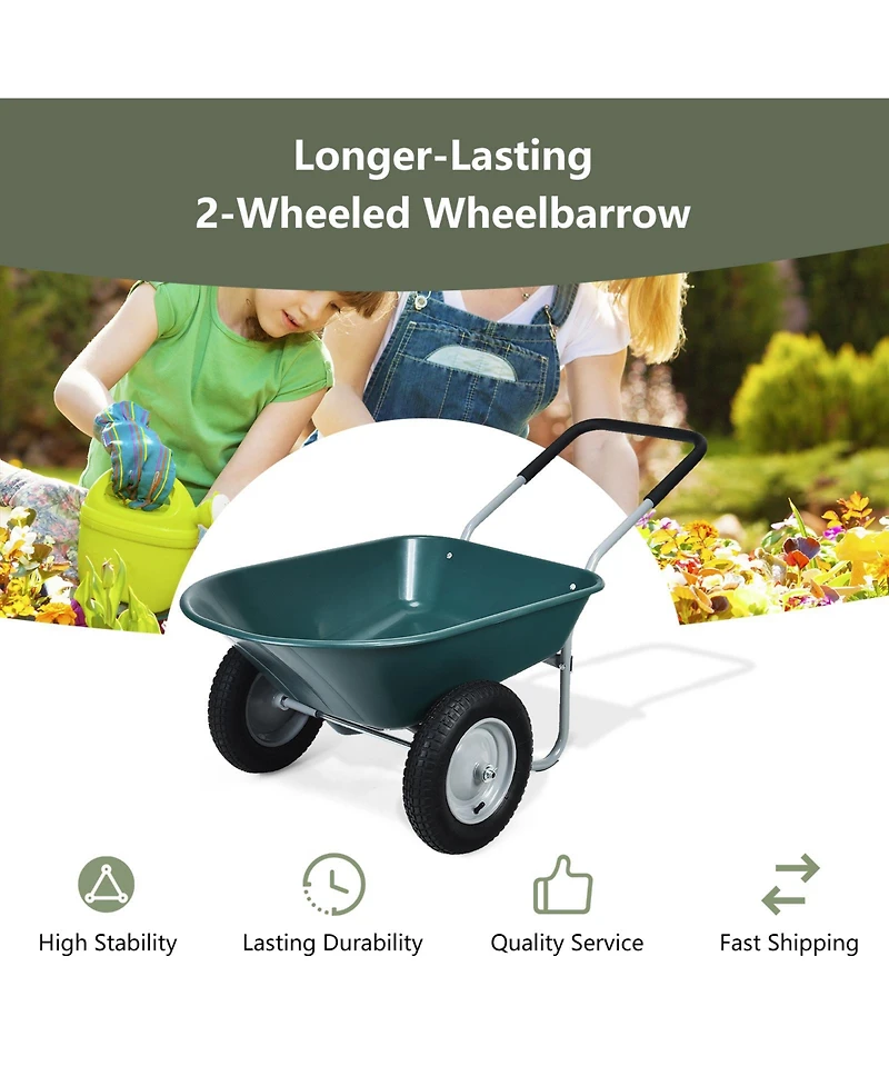 2-Tire Wheelbarrow Garden Cart Heavy-Duty Utility Dolly for Landscaping & Yard Work
