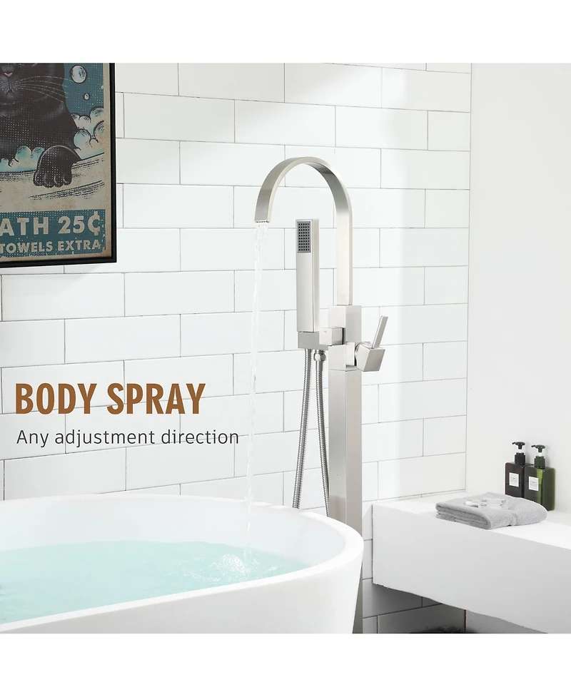 Freestanding Bathtub Faucet Floor Mount Tub Filler Brushed Nickel Brass Bathroom Faucets Single Handle with Hand Shower
