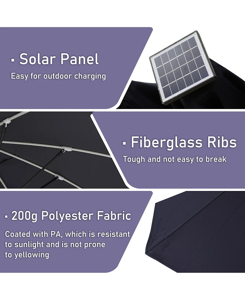 15 ft Patio Umbrellas with Solar Lights 12 Led Strip Lights Umbrella Rib, Double-Sided Market Umbrella with Base Included, Grey