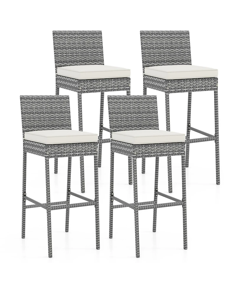 Patio Wicker Barstools with Soft Seat Cushion and Cozy Footrest-Set of 4
