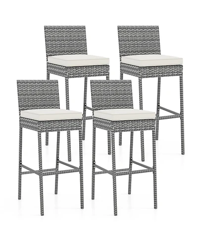 Patio Wicker Barstools with Soft Seat Cushion and Cozy Footrest-Set of 4