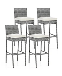 Patio Wicker Barstools with Soft Seat Cushion and Cozy Footrest-Set of 4