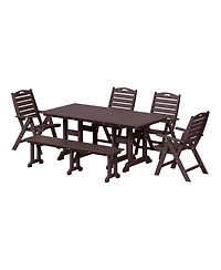 6-Piece Hdpe Rectangular Patio Dining Table Set with Foldable Chairs and Bench