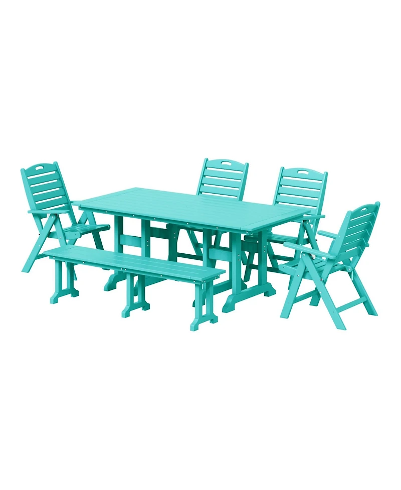 6-Piece Hdpe Rectangular Patio Dining Table Set with Foldable Chairs and Patio Bench