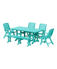 6-Piece Hdpe Rectangular Patio Dining Table Set with Foldable Chairs and Patio Bench