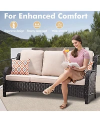 Xizzi Patio Furniture Sets Outdoor Swivel Rocking Chairs with 50,000 Btu Propane Fire Pit Table 7 Pieces All Weather Pe Wicker Conversation Sofa and M