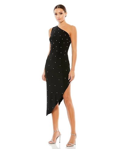 Mac Duggal Women's Rhinestone Encrusted One Shoulder Asymmetrical Hem Dress