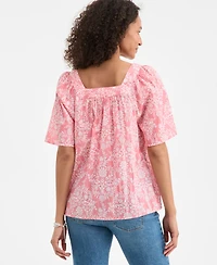 Style & Co Petite Floral Cotton Square-Neck Top, Exclusively at Macy's